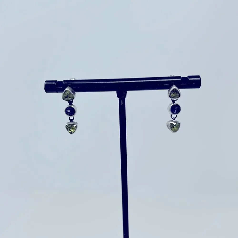 Vintage 925 Women's Blue & Green Gem Stone Dangle Earrings Size 1/2 Inch